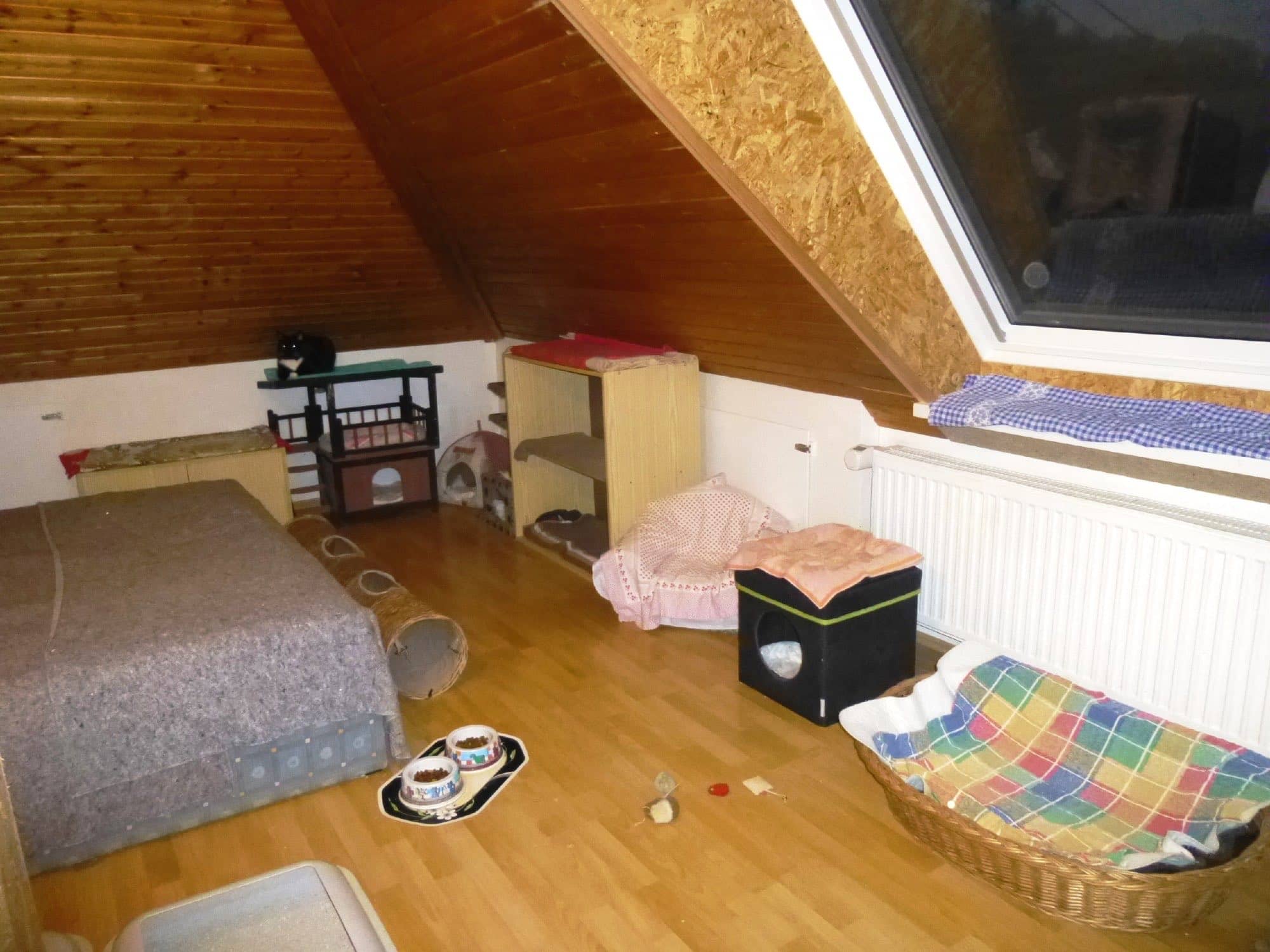 Regal mit gestapelten Decken unter der Dachschräge, davor Liegebett und Korb am Fenster.